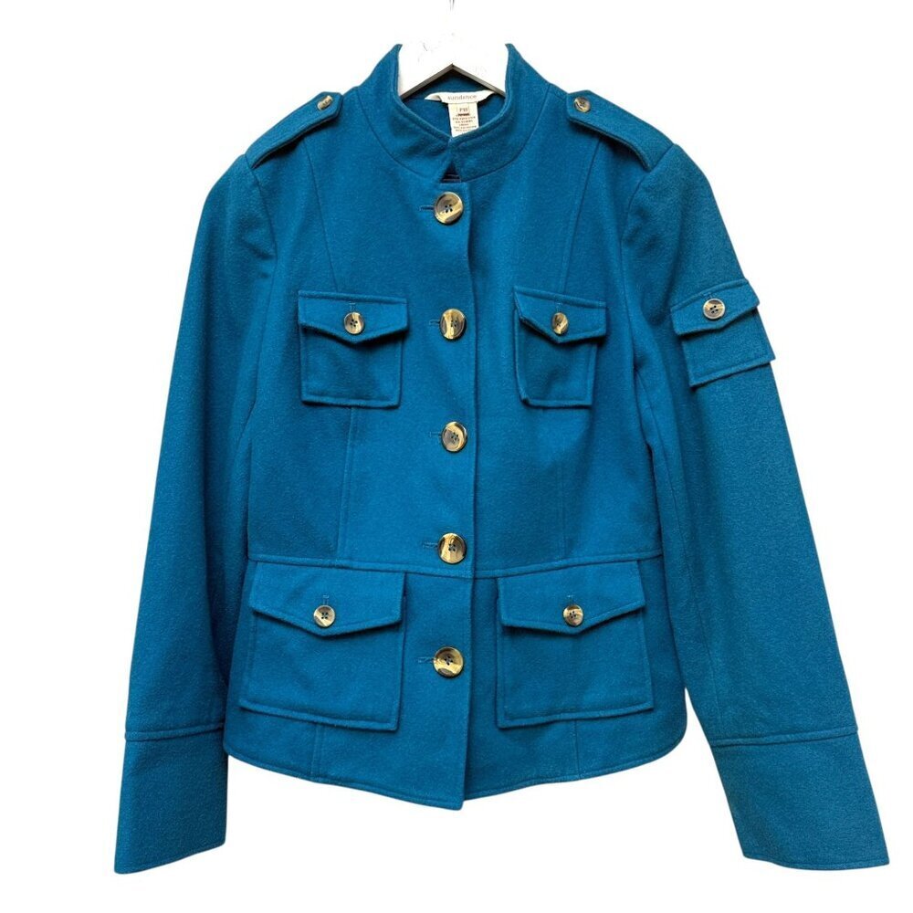 SUNDANCE Turquoise Peacoat Jacket Size 10 Petite Wool Blend Women Military Cargo